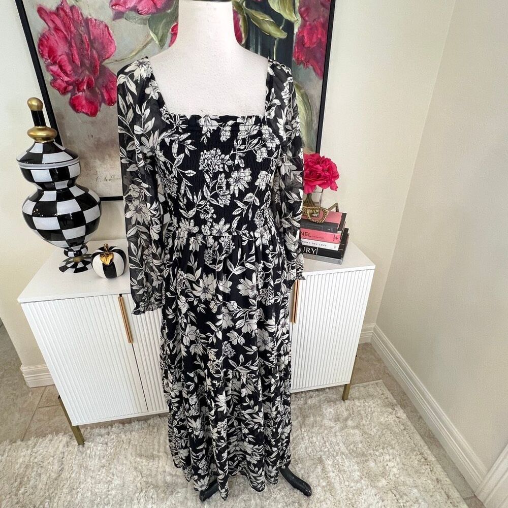 Patrons of Peace Women's Floral Chiffon  Smocked Maxi Dress Black White Small